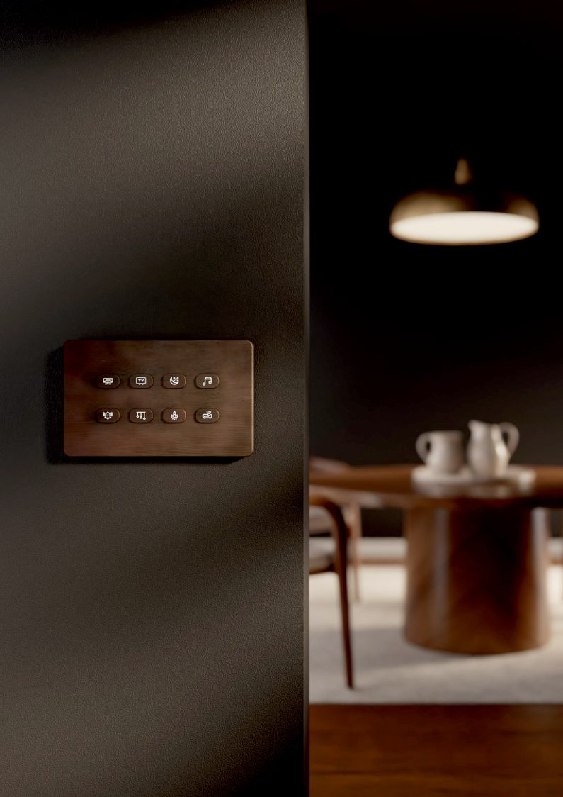 Norvixx Noir Brass keypad on a dark wall